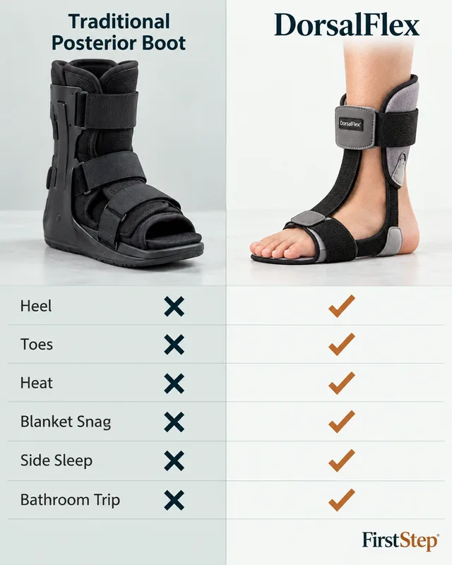 Side-by-side comparison: Traditional posterior boot versus DorsalFlex dorsal splint — weight, heat, toes, sleep disruption