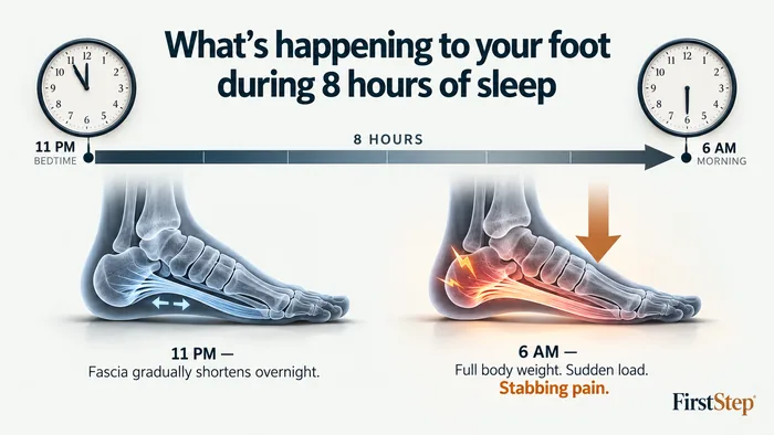 Diagram showing plantar fascia position during sleep — foot drops, tissue contracts overnight, locks short by morning