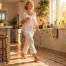 Woman walking freely in kitchen — the morning after